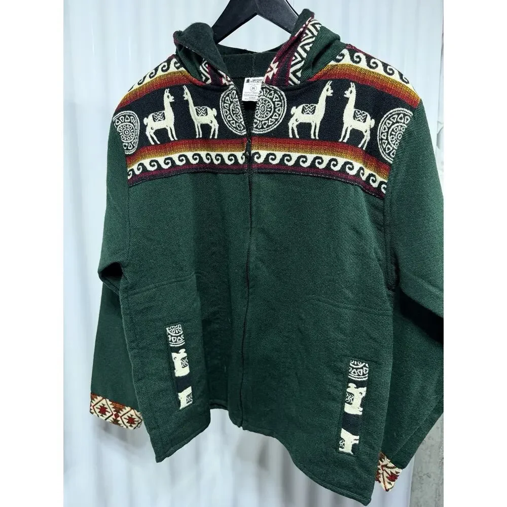Native Artists Alpaca Llama Geometric Full Zip Knit Hoodie Jacket Mens Size M